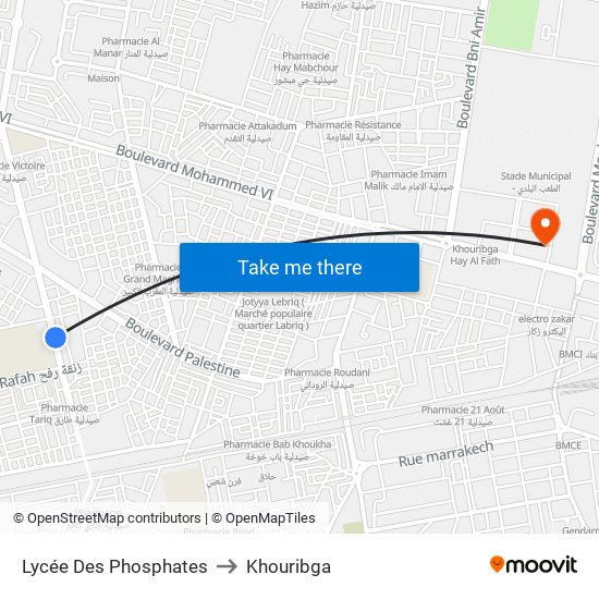 Lycée Des Phosphates to Khouribga map