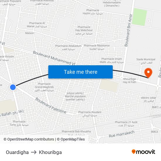 Ouardigha to Khouribga map