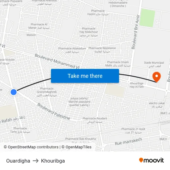 Ouardigha to Khouribga map