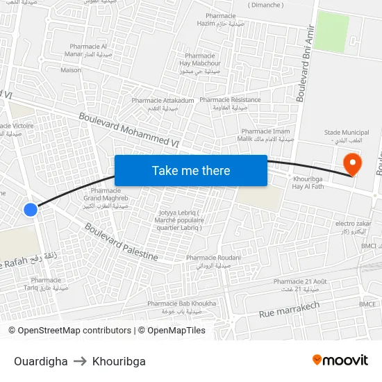 Ouardigha to Khouribga map