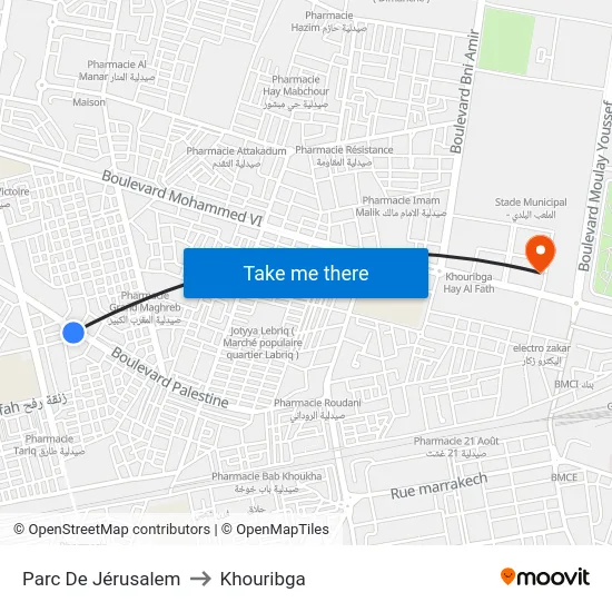 Parc De Jérusalem to Khouribga map