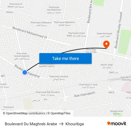 Arab Maghreb Boulevard to Khouribga map