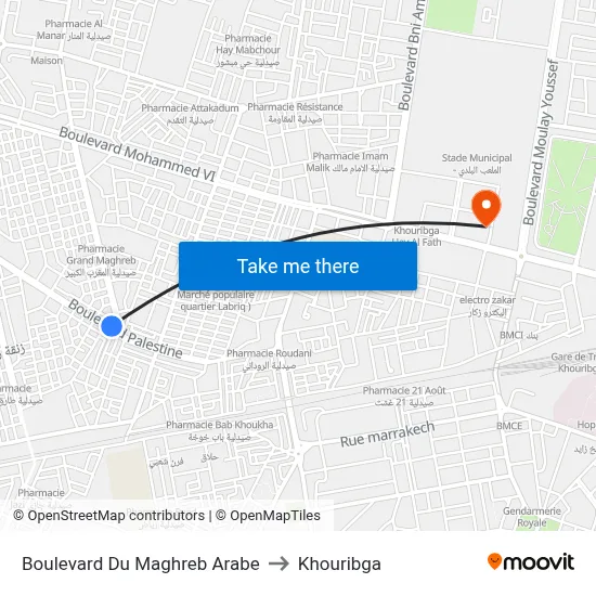 Arab Maghreb Boulevard to Khouribga map