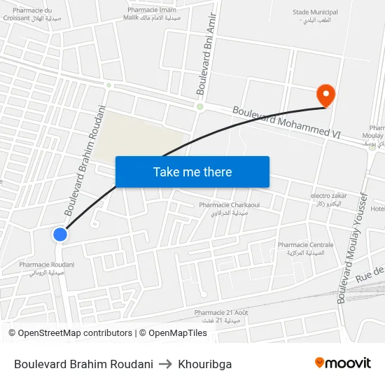 Brahim Roudani Boulevard to Khouribga map