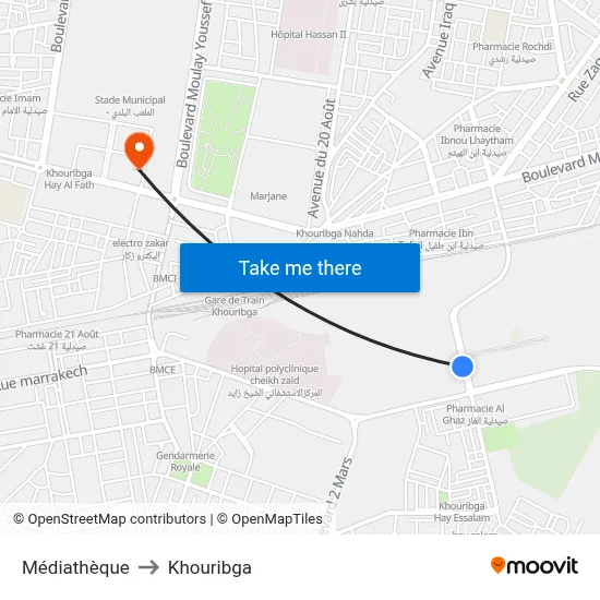 Médiathèque to Khouribga map