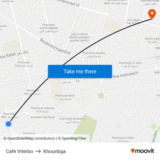Café Viterbo to Khouribga map