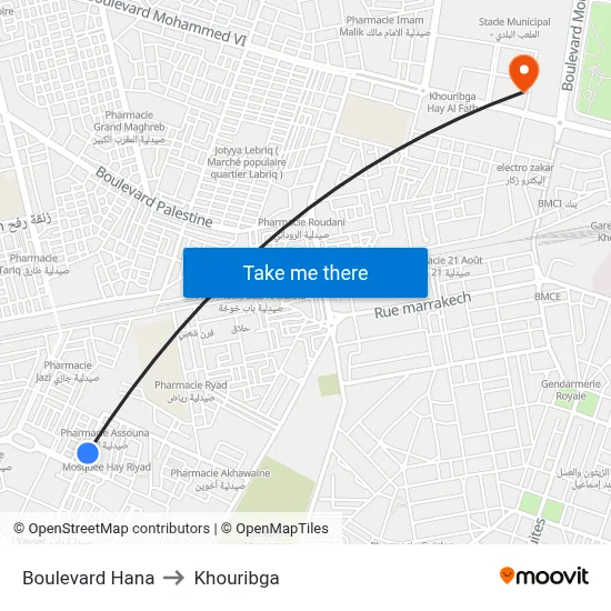 Hana Boulevard to Khouribga map