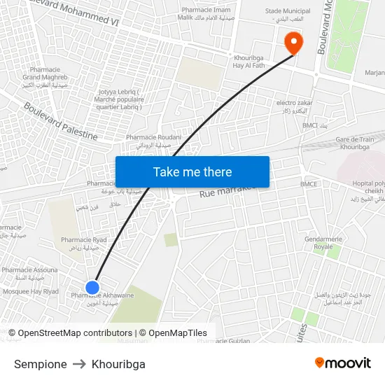 Sempione to Khouribga map