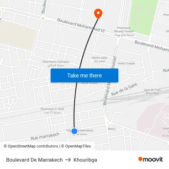 Marrakech Boulevard to Khouribga map