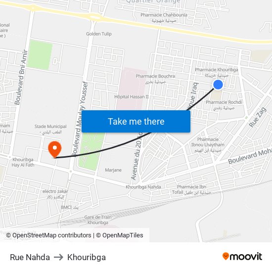 Rue Nahda to Khouribga map