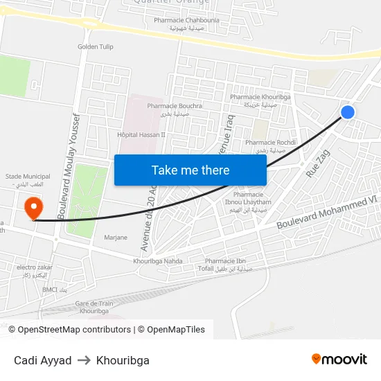 Cadi Ayyad to Khouribga map