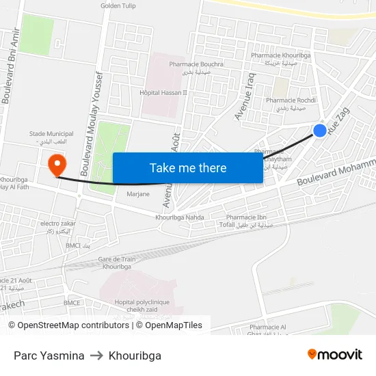 Parc Yasmina to Khouribga map