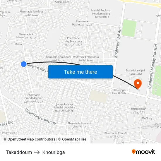 Takaddoum to Khouribga map