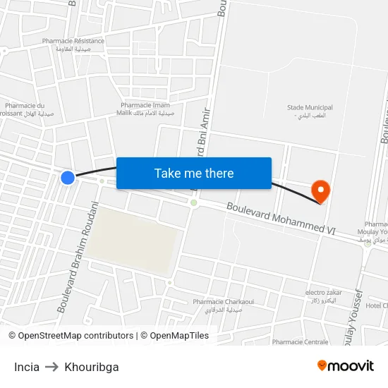Incia to Khouribga map