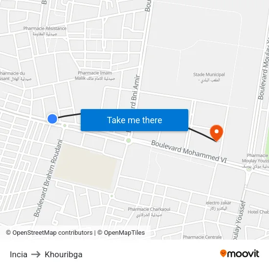 Incia to Khouribga map