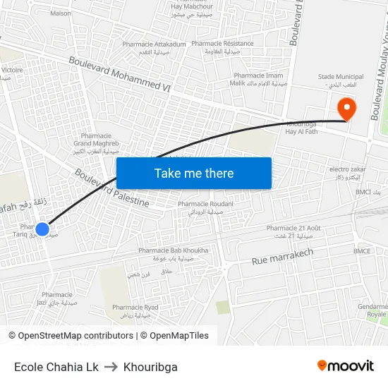 Ecole Chahia Lk to Khouribga map