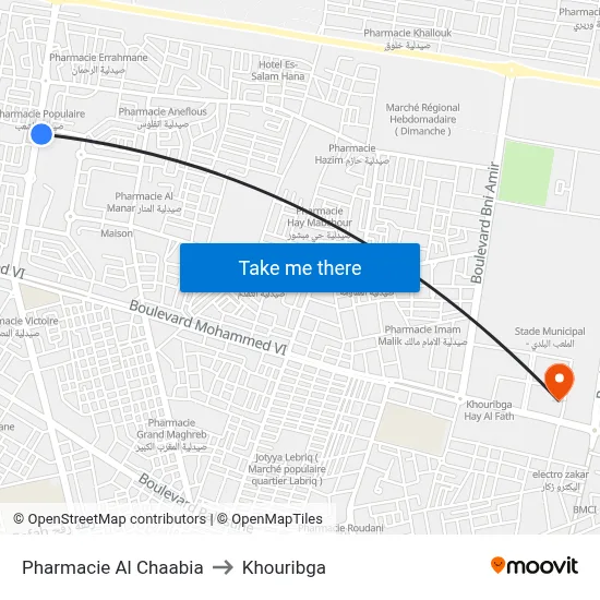 Pharmacie Al Chaabia to Khouribga map