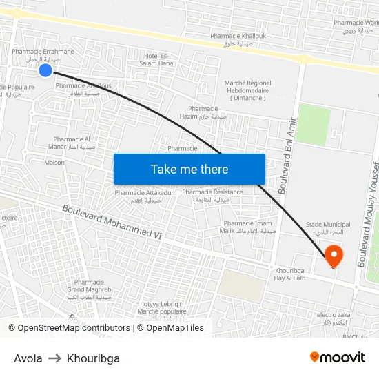 Avola to Khouribga map