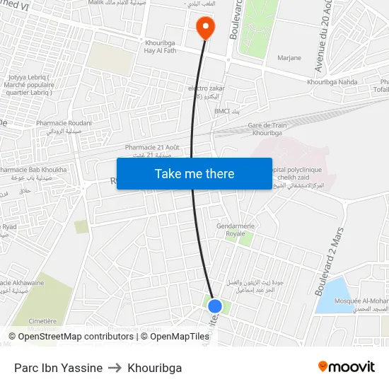 Ibn Yassine Park to Khouribga map