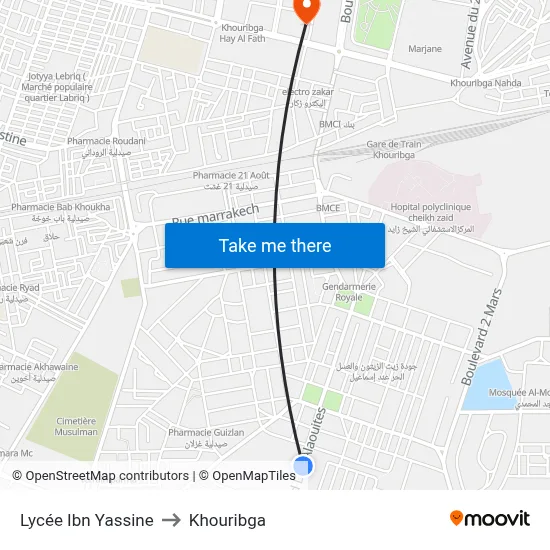 Lycée Ibn Yassine to Khouribga map