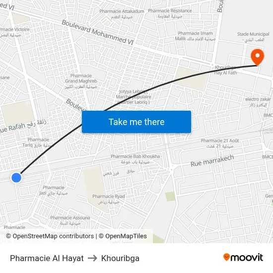 Al Hayat Pharmacy to Khouribga map