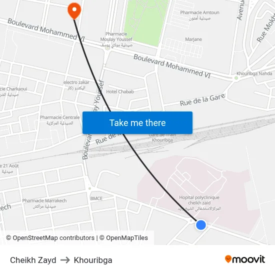 Cheikh Zayd to Khouribga map