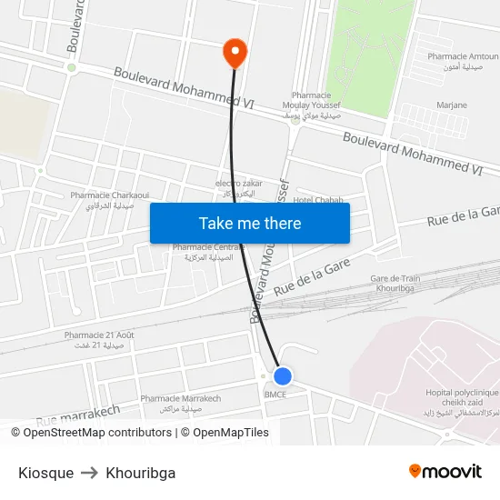 Kiosque to Khouribga map