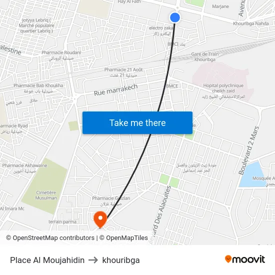 Place Al Moujahidin to khouribga map