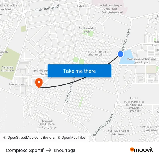 Complexe Sportif to khouribga map