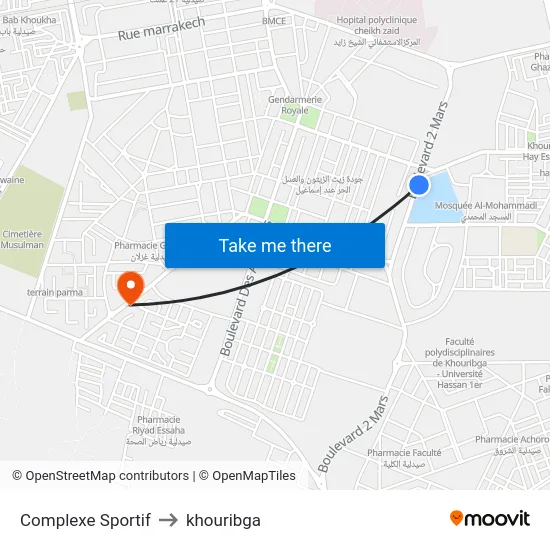 Complexe Sportif to khouribga map