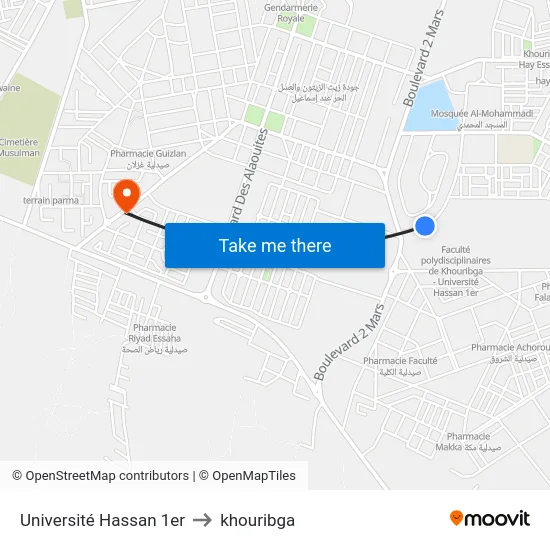 Université Hassan 1er to khouribga map