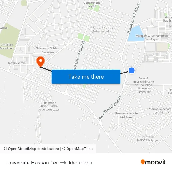 Université Hassan 1er to khouribga map