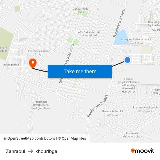 Zahraoui to khouribga map