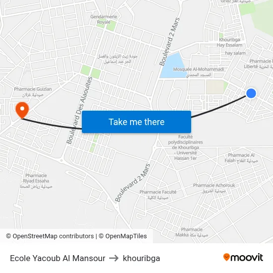Ecole Yacoub Al Mansour to khouribga map