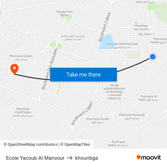 Ecole Yacoub Al Mansour to khouribga map