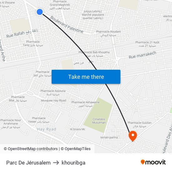 Parc De Jérusalem to khouribga map