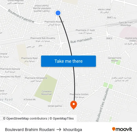 Brahim Roudani Boulevard to Khouribga map