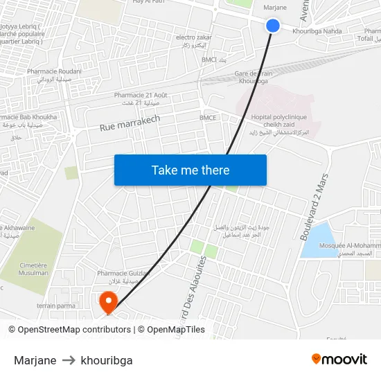 Marjane to Khouribga map