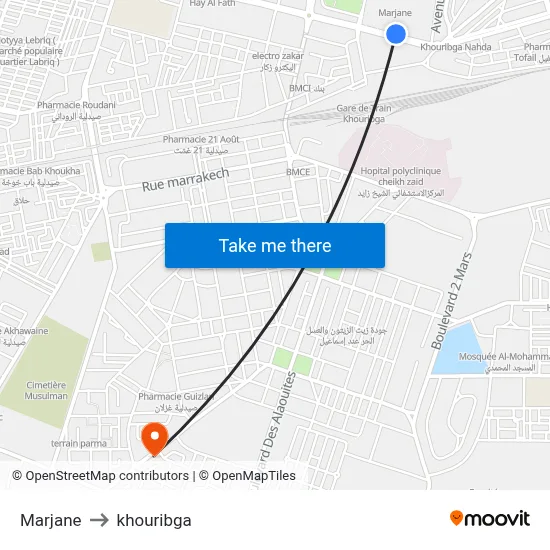Marjane to Khouribga map
