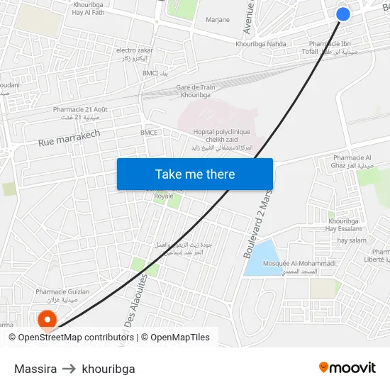 Massira to Khouribga map