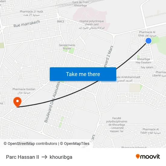 Hassan II Park to Khouribga map