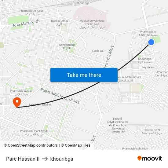 Parc Hassan II to khouribga map