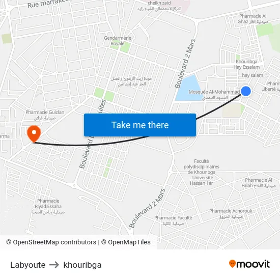 Labyoute to Khouribga map