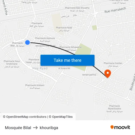Bilal Mosque to Khouribga map