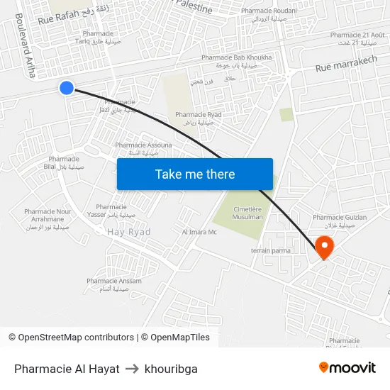 Al Hayat Pharmacy to Khouribga map