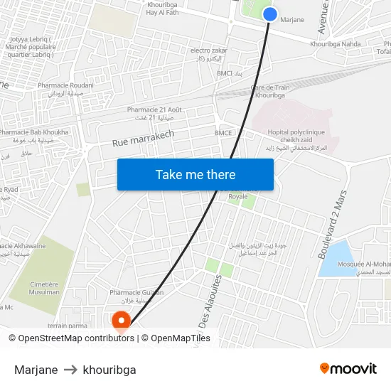 Marjane to Khouribga map