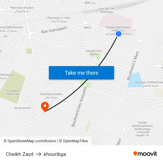 Cheikh Zayd to khouribga map
