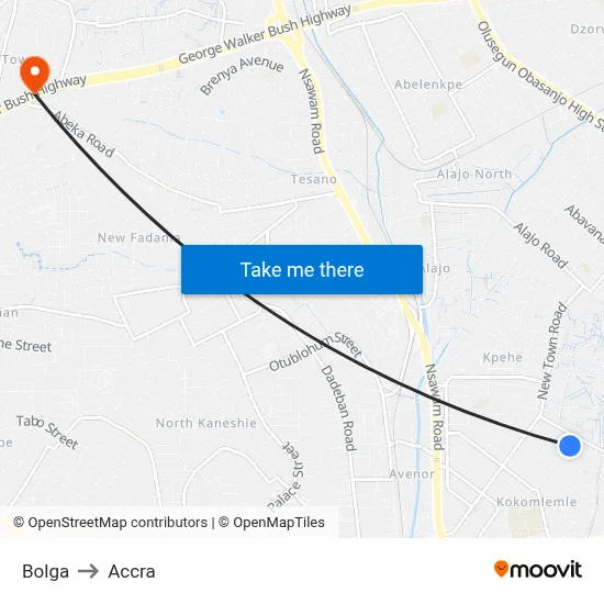 Bolga to Accra map