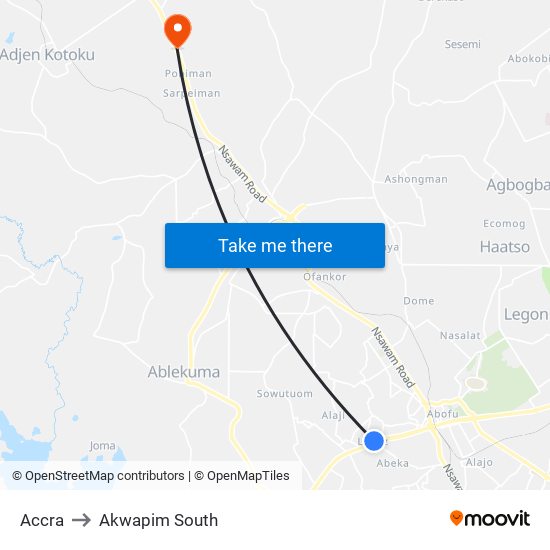 Accra to Akwapim South map