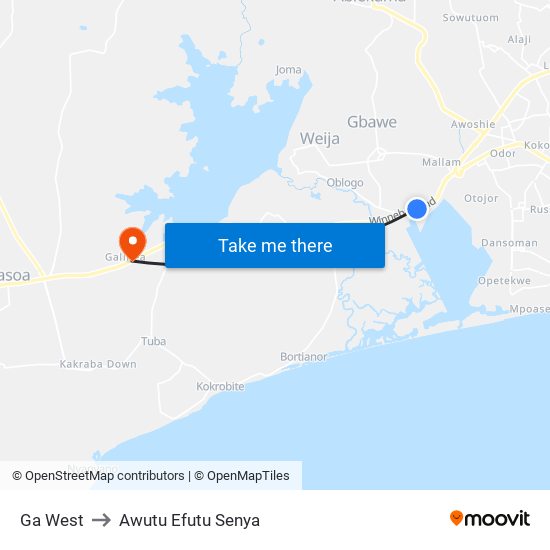 Ga West to Awutu Efutu Senya map
